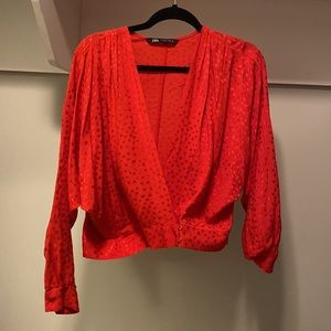 RED ZARA POLKA DOT JACQUARD TOP SILK SIZE SMALL
